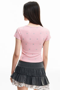 MEDM Star Print V-Neck Henley Cropped Tee