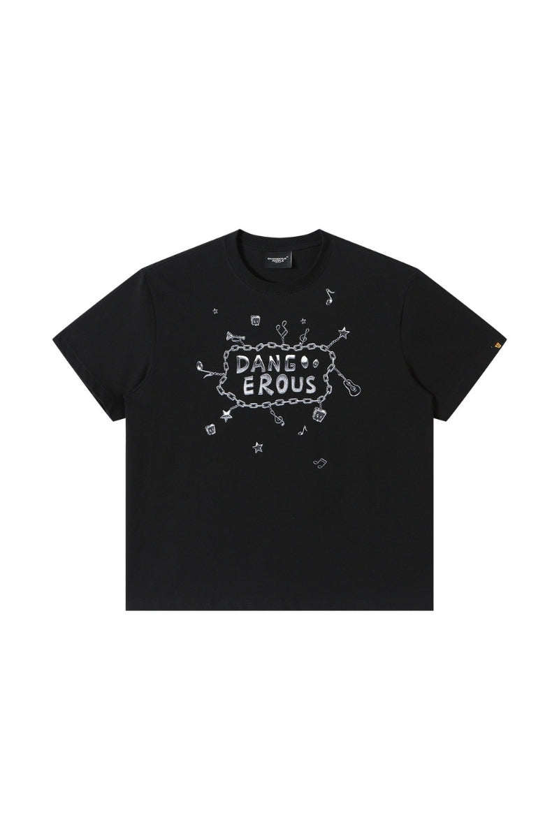 Dangerouspeople DSP Small‑D Note Metal Chain Loose Streetwear T‑Shirt
