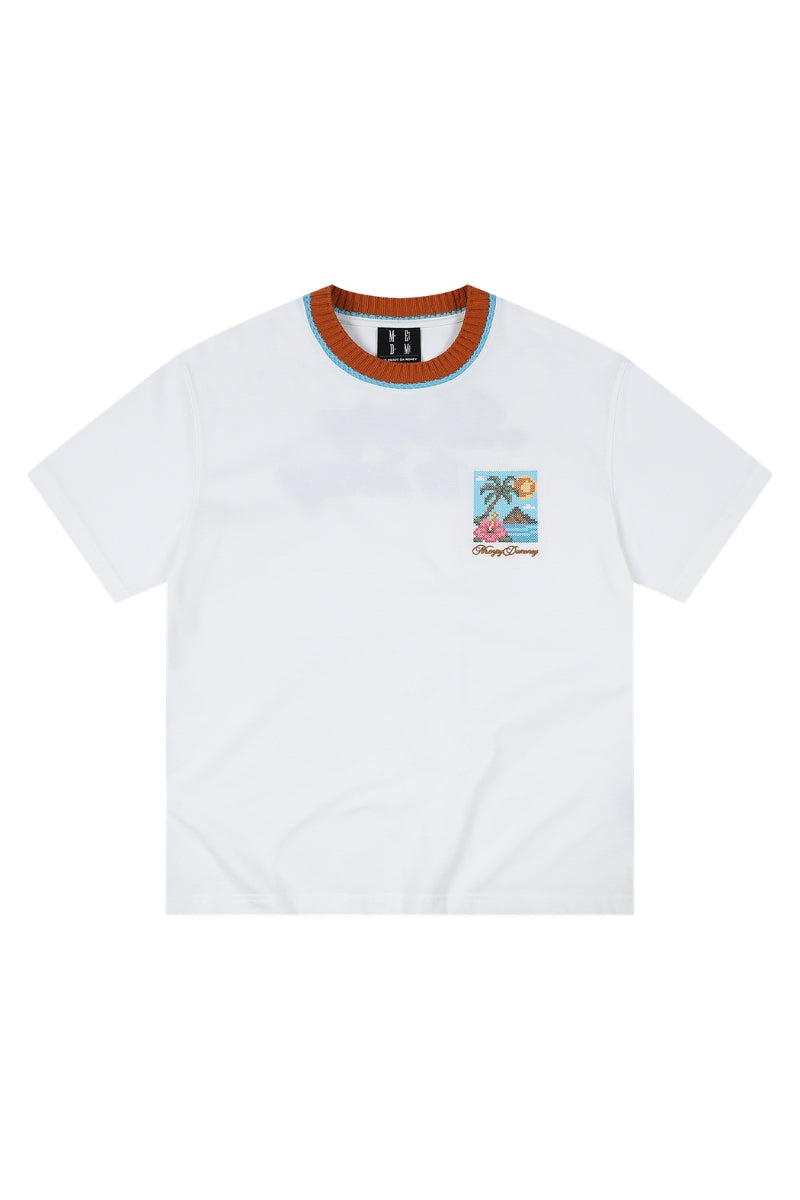 MEDM Contrast Knit Collar Embroidered Couple Tee