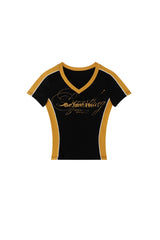 BJHG Women Retro V‑Neck T‑Shirt Summer Slim Waist Casual American Streetwear Top