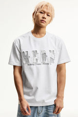 MEDM Contrast Patch Embroidered Logo Oversized Couple Crew Neck Short Sleeve T-Shirt
