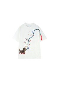 BJHG American Loose Fit Fun Dog‑Walking Print Tee | Couples Summer Short‑Sleeve Top