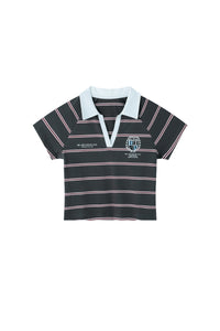 BJHG Summer New Women Cotton T‑Shirt Preppy Style Striped V‑Neck Slim Fit Fashion Top