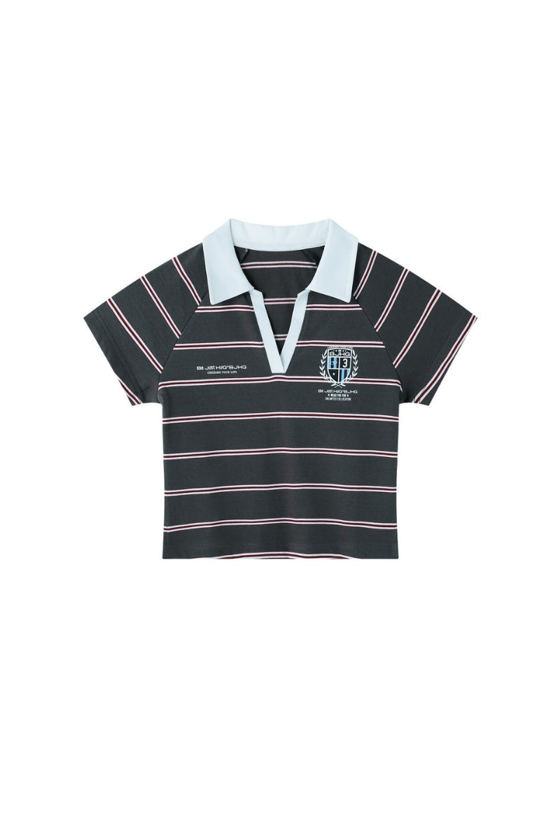 BJHG Summer New Women Cotton T‑Shirt Preppy Style Striped V‑Neck Slim Fit Fashion Top