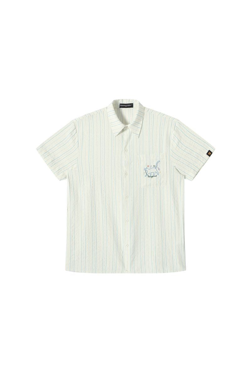 Dangerouspeople DSP｜Retro Music Cat Stripe Seersucker Short Sleeve Shirt