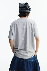 MEDM All Over Print Star Letter Embroidery T-shirt, Loose Crew Neck Couple Tee