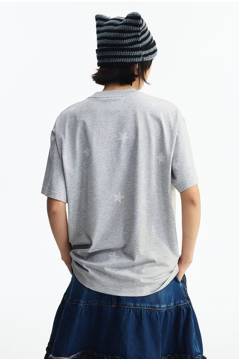 MEDM All Over Print Star Letter Embroidery T-shirt, Loose Crew Neck Couple Tee