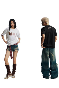 MEDM Leather Leopard Patch Big Logo Oversized Couple Tee