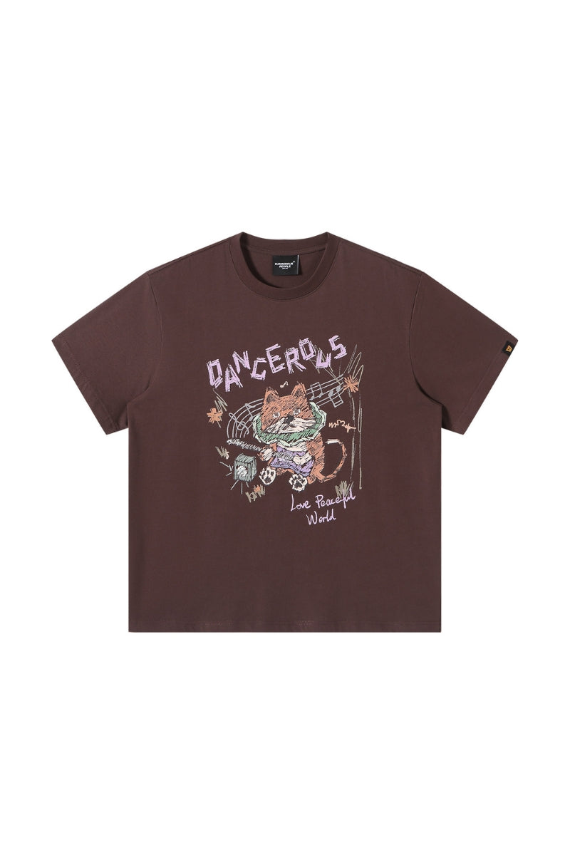 Dangerouspeople DSP Hand‑Drawn Guitar Cat Cotton Couple Tee