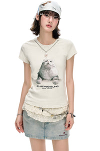 BJHG American Print True‑Shoulder Fitted Tee Women Summer Cool Quick‑Dry Streetwear Top