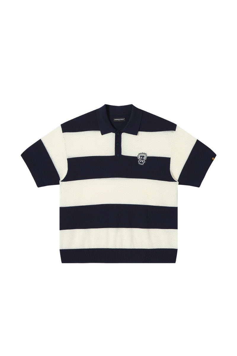 Dangerouspeople DSP Hollow‑Out Embroidery Spliced Stripe Loose Polo Tee