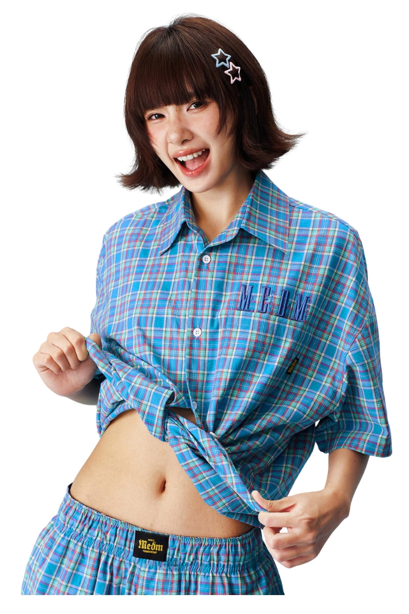 MEDM Vintage Preppy Embroidered Plaid Shirt Unisex Oversized Short Sleeve Top