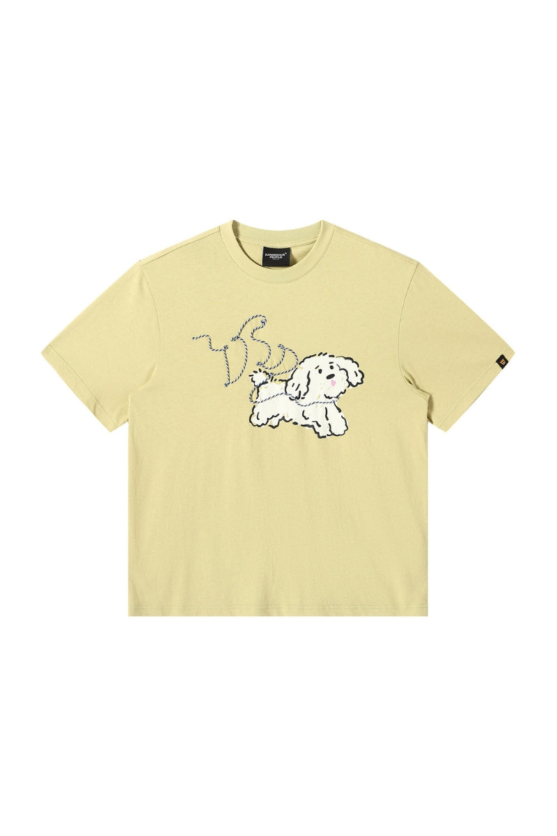 Dangerouspeople DSP Cording Embroidery Letter Puppy T‑Shirt Loose Casual Streetwear Unisex Tee