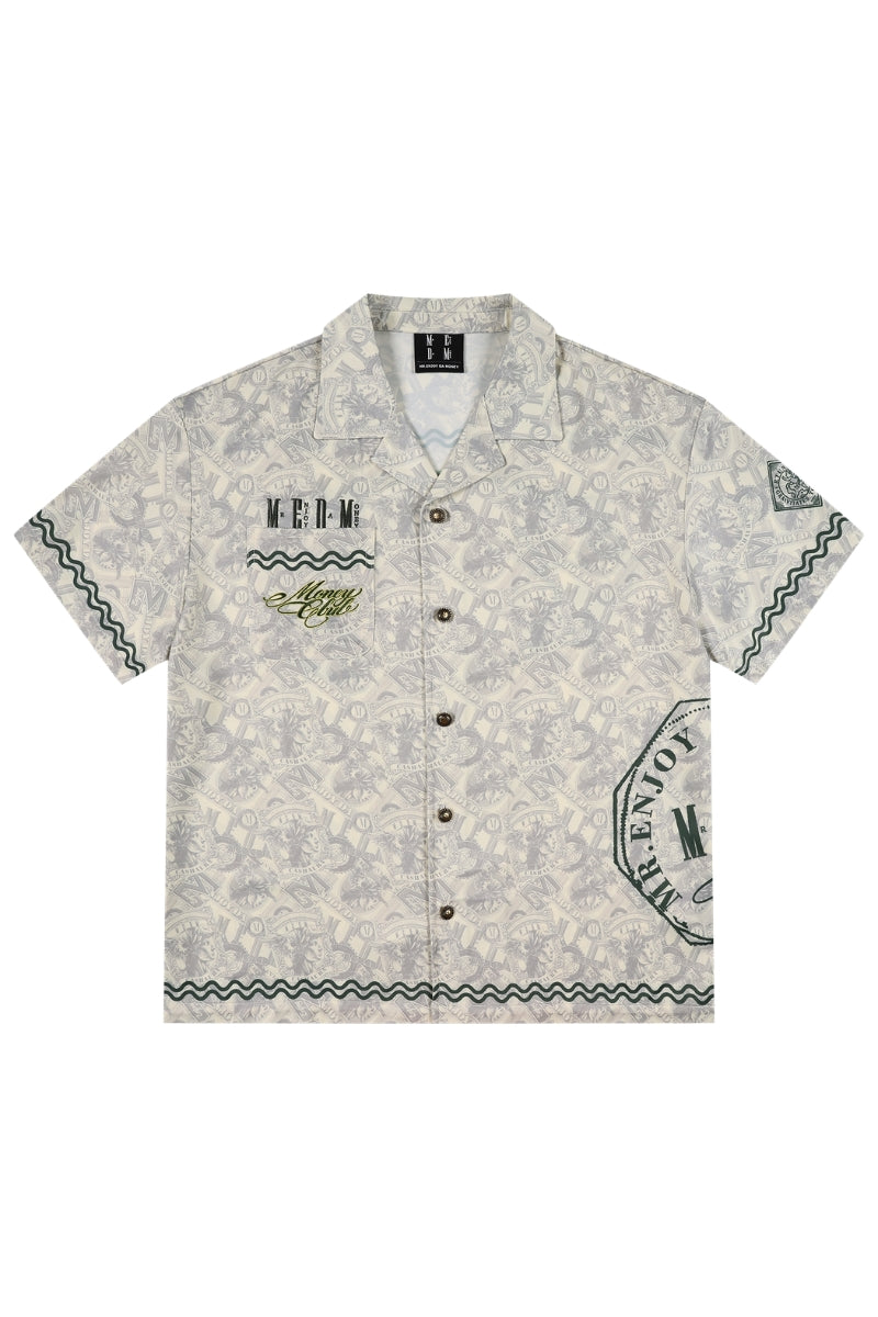 MEDM All Over Dollar Print Cuban Collar Embroidered Shirt