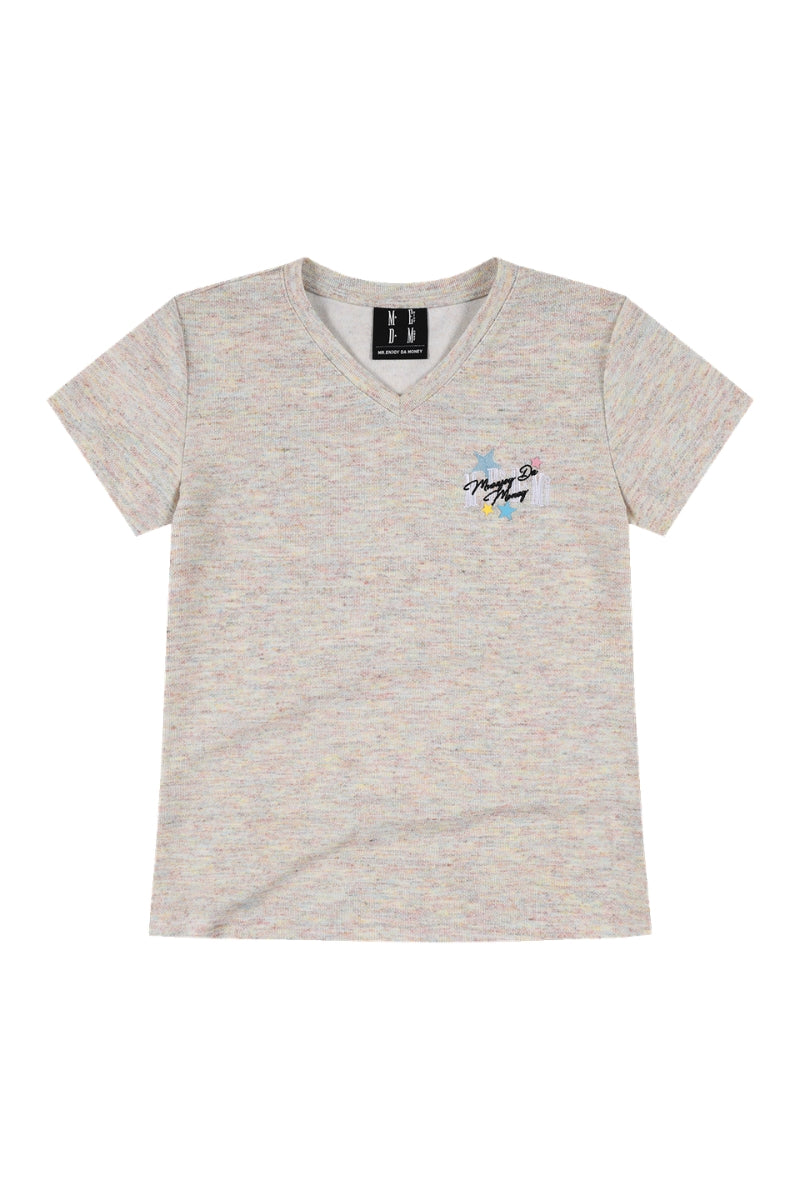 MEDM Cropped V-Neck Star Swirl Patch Embroidery Slim Top