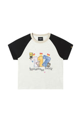 DangerousPeople｜Fun Letter Print Color‑Block Raglan Cotton T‑Shirt