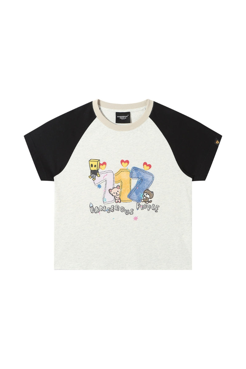 DangerousPeople｜Fun Letter Print Color‑Block Raglan Cotton T‑Shirt