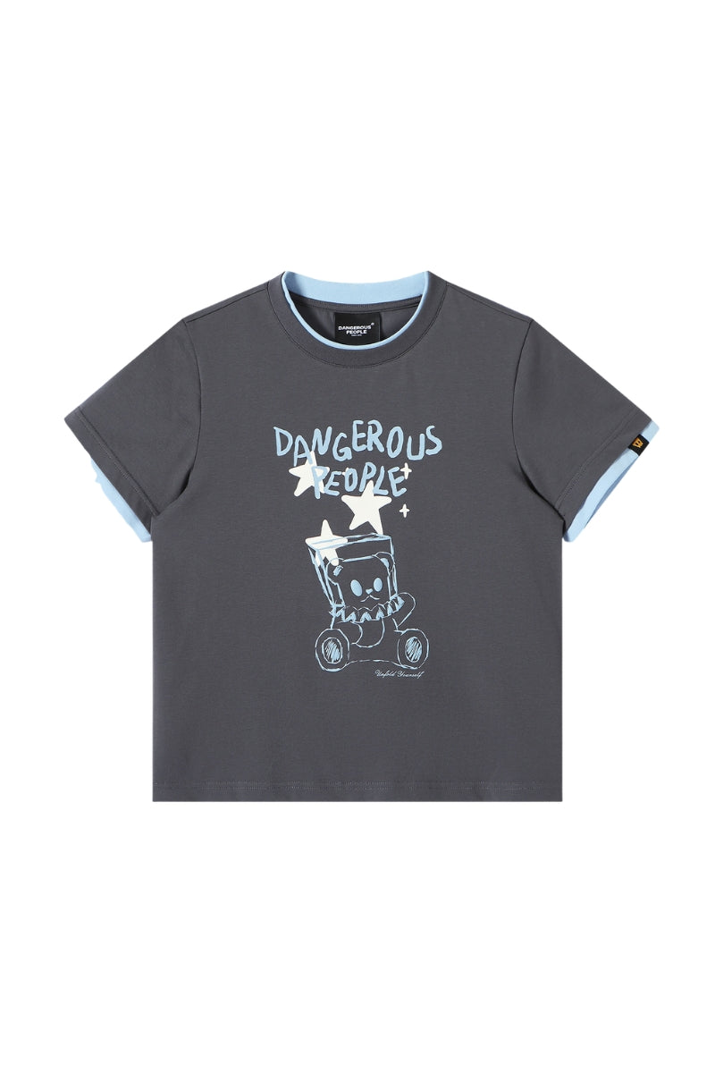 DangerousPeople DSP｜Color‑Block Splicing Hand‑Drawn Bear Print Sorona Quick‑Dry T‑Shirt