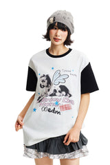 MEDM Blurry Pony Print Glitter Stars Crew Neck T-shirt