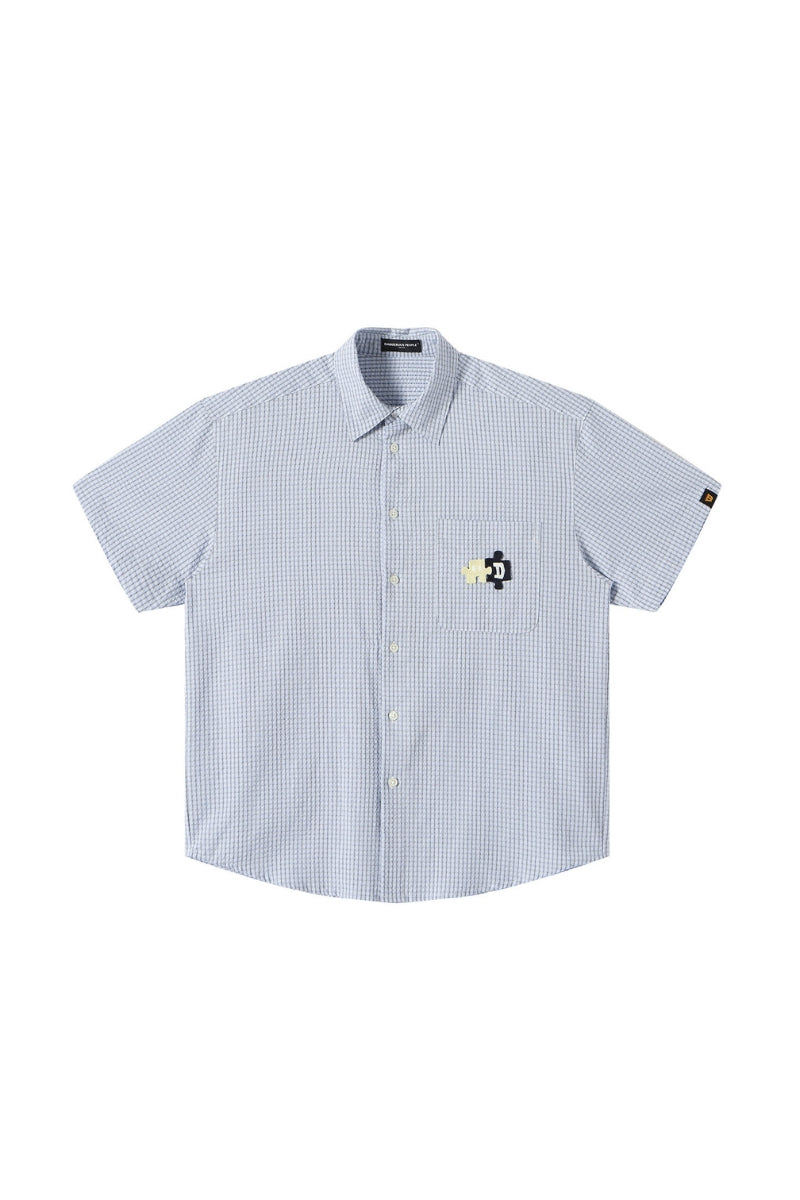 Dangerouspeople DSP｜Puzzle Patch Gingham Drop‑Shoulder Short Sleeve Shirt