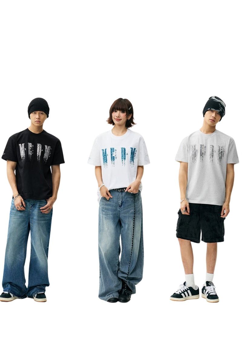 MEDM Sequin Phantom Letter Loose Crew Neck T-Shirt Unisex
