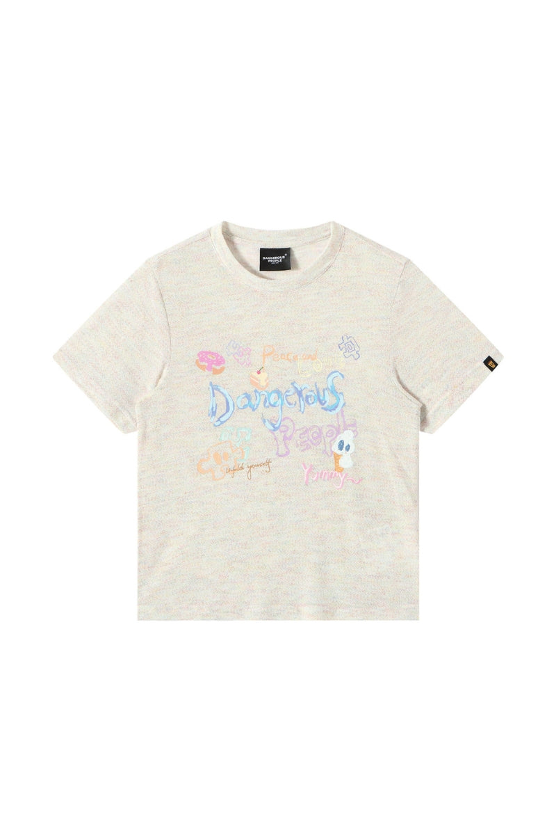 Dangerouspeople DSP Puzzle Dessert Hand‑Draw Print T‑Shirt | Drop‑Shoulder Streetwear Women Tee