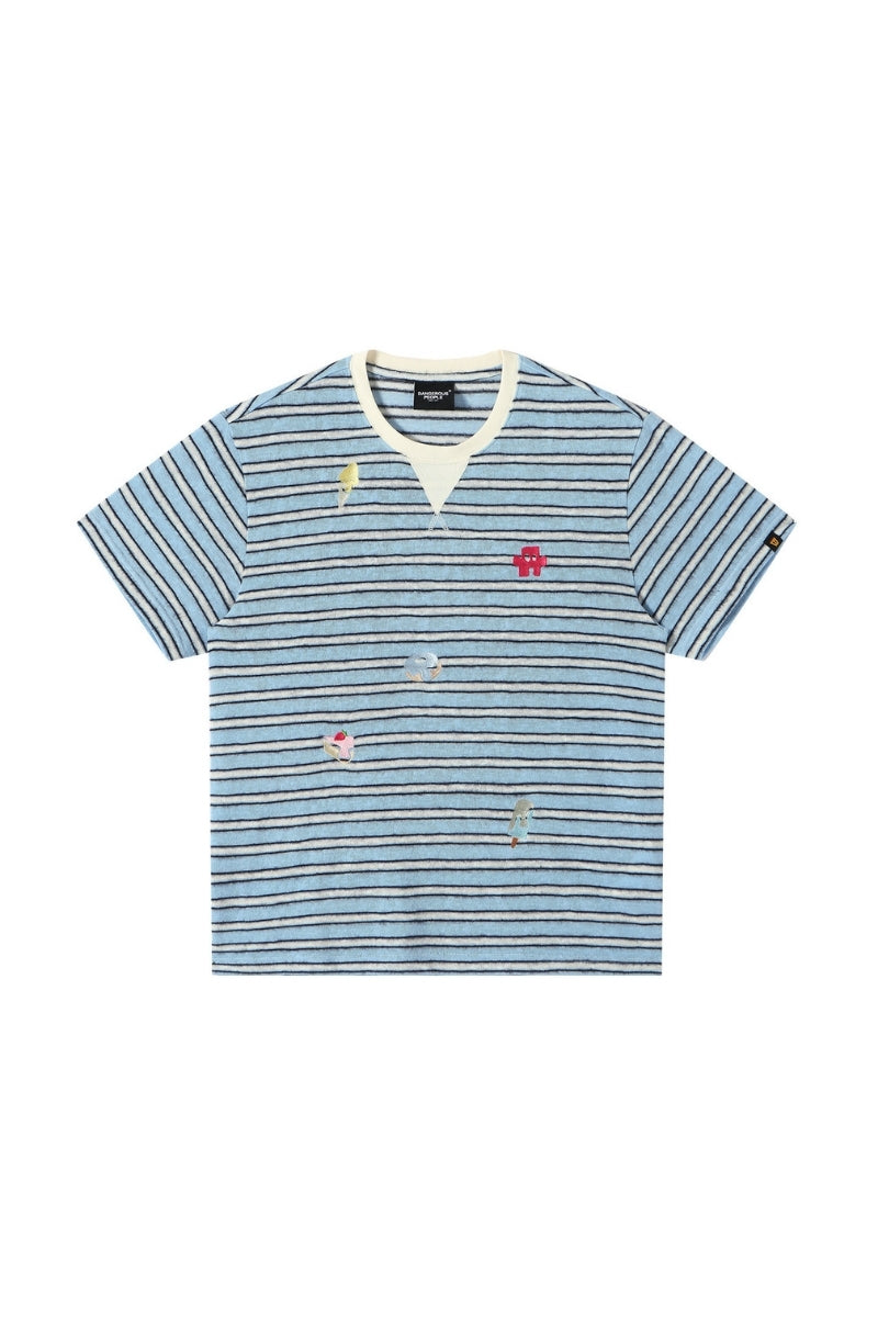 Dangerouspeople DSP Fun Embroidery Dessert Stripe Drop‑Shoulder Unisex T‑Shirt