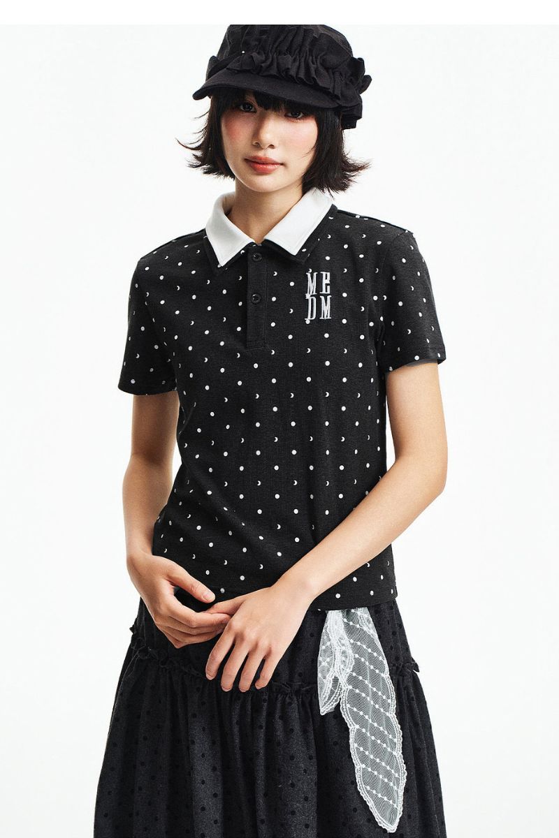 MEDM Fake Two-Piece Polka Dot Short-Sleeve POLO