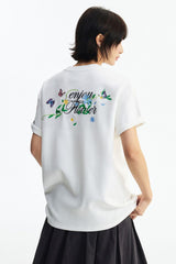MEDM 3D Butterfly Magnolia Embroidered Oversized Couple Crew Neck T-Shirt