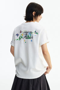 MEDM 3D Butterfly Magnolia Embroidered Oversized Couple Crew Neck T-Shirt