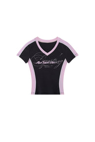 BJHG Women Retro V‑Neck T‑Shirt Summer Slim Waist Casual American Streetwear Top