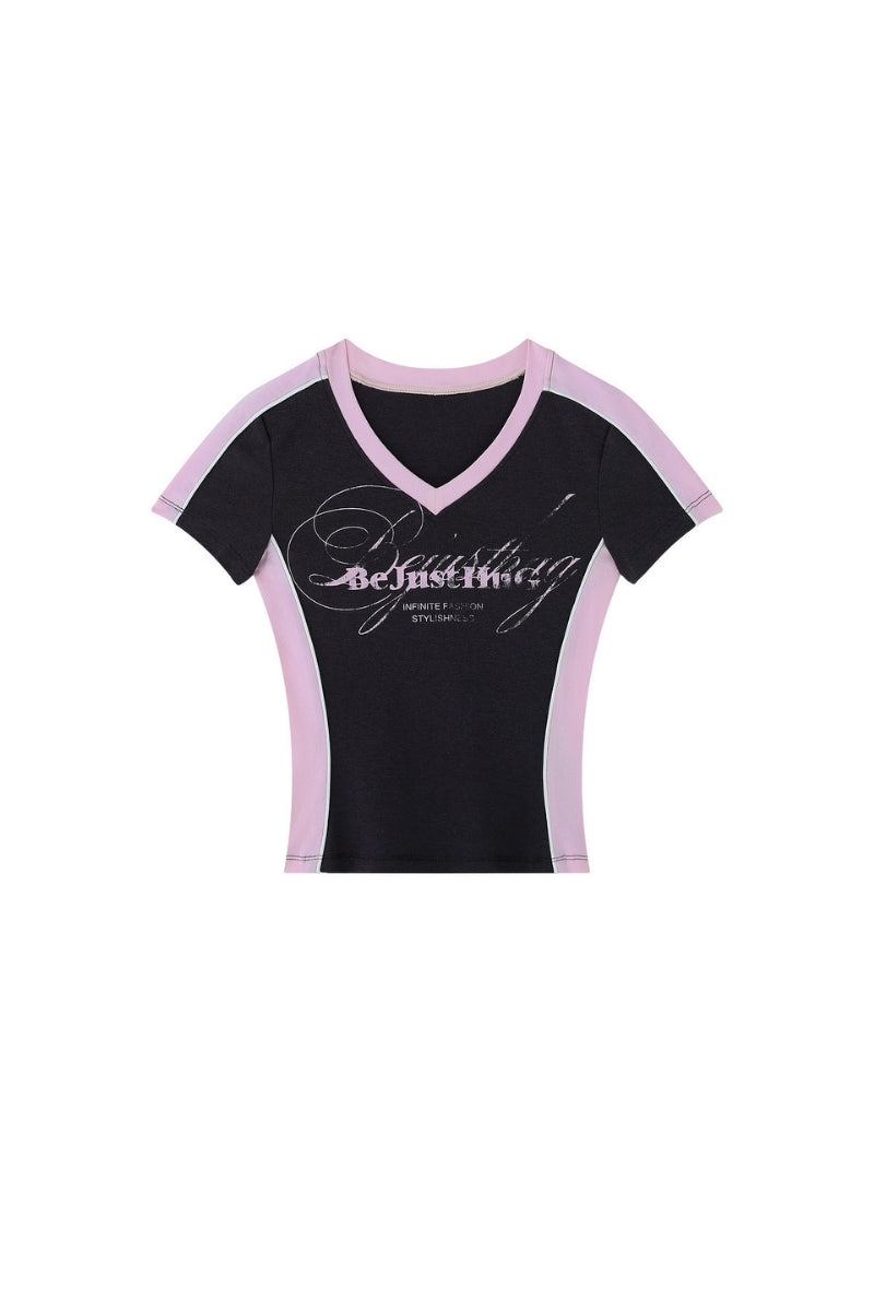 BJHG Women Retro V‑Neck T‑Shirt Summer Slim Waist Casual American Streetwear Top