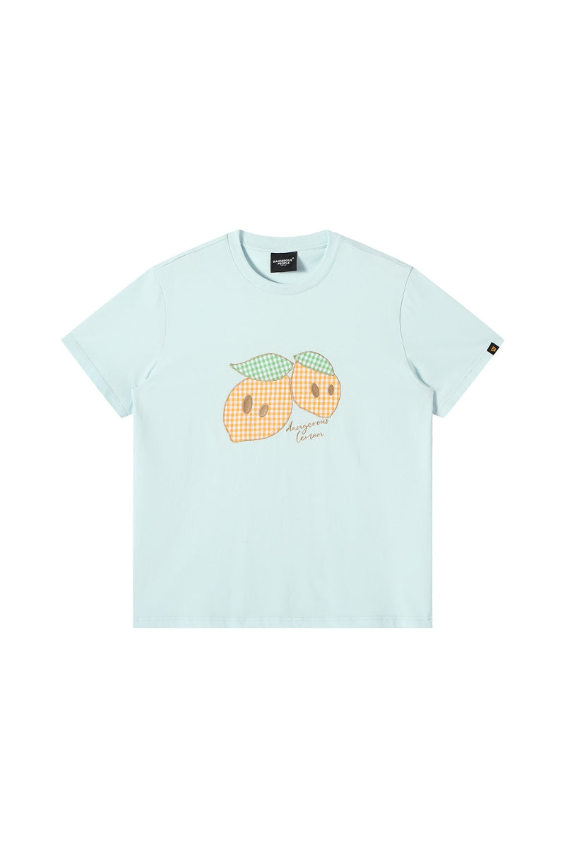 Dangerouspeople DSP Asymmetrical Eye Plaid Patch Fruit Print Casual Tee
