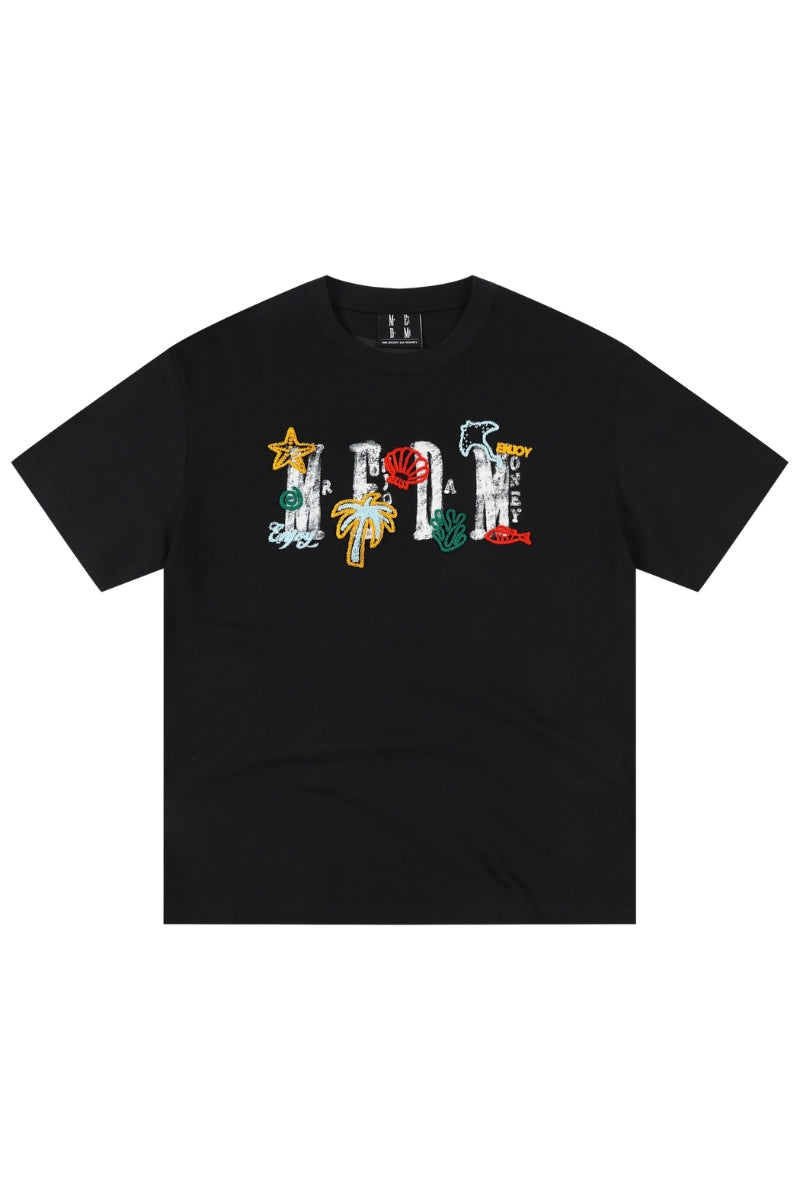 MEDM Beach Walk Embroidery Print Crew Neck T-Shirt