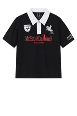 MEDM Wild Horse Embroidery Contrast Panel Loose Short Sleeve Polo Shirt