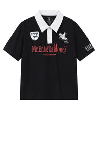 MEDM Wild Horse Embroidery Contrast Panel Loose Short Sleeve Polo Shirt