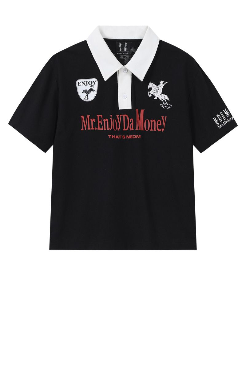 MEDM Wild Horse Embroidery Contrast Panel Loose Short Sleeve Polo Shirt