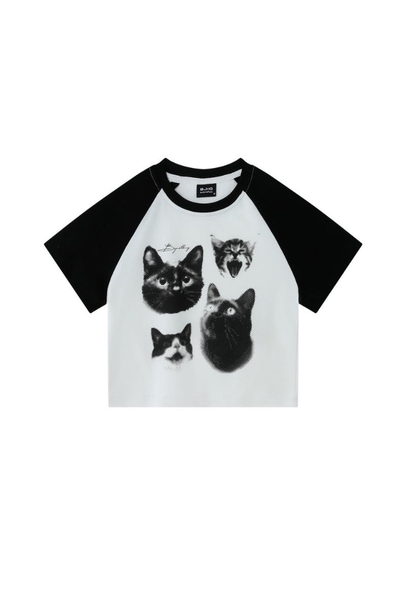 BJHG Women's Vintage Cat Print Crop Tee