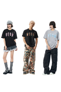 MEDM Relaxed Fit Camouflage Letter Rhinestone Streetwear Tee