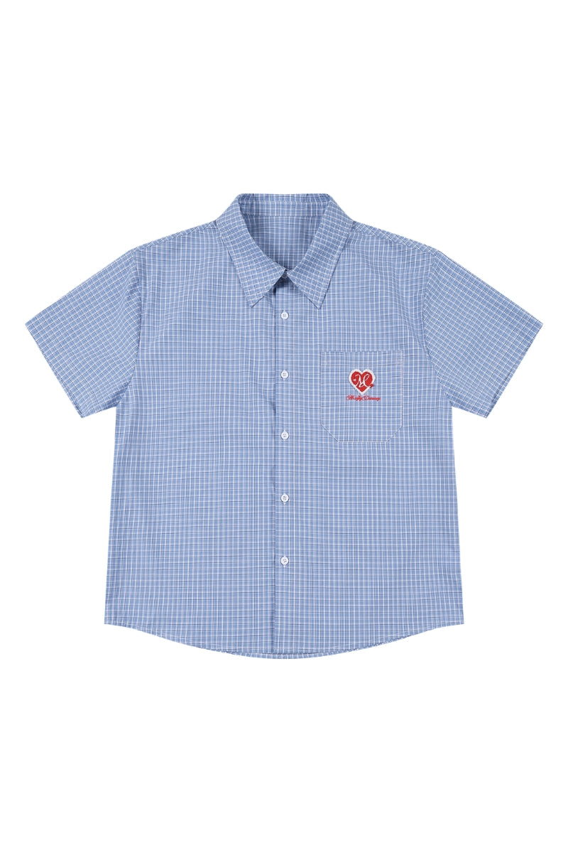 MEDM Heart Brush Embroidery Plaid Loose Short Sleeve Shirt