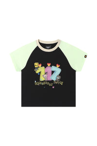 DangerousPeople｜Fun Letter Print Color‑Block Raglan Cotton T‑Shirt