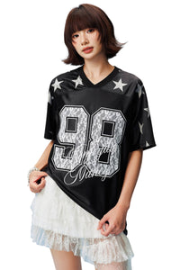 MEDM 2026 Star Number V-Neck Jersey Women Sporty Loose Short Sleeve T-Shirt