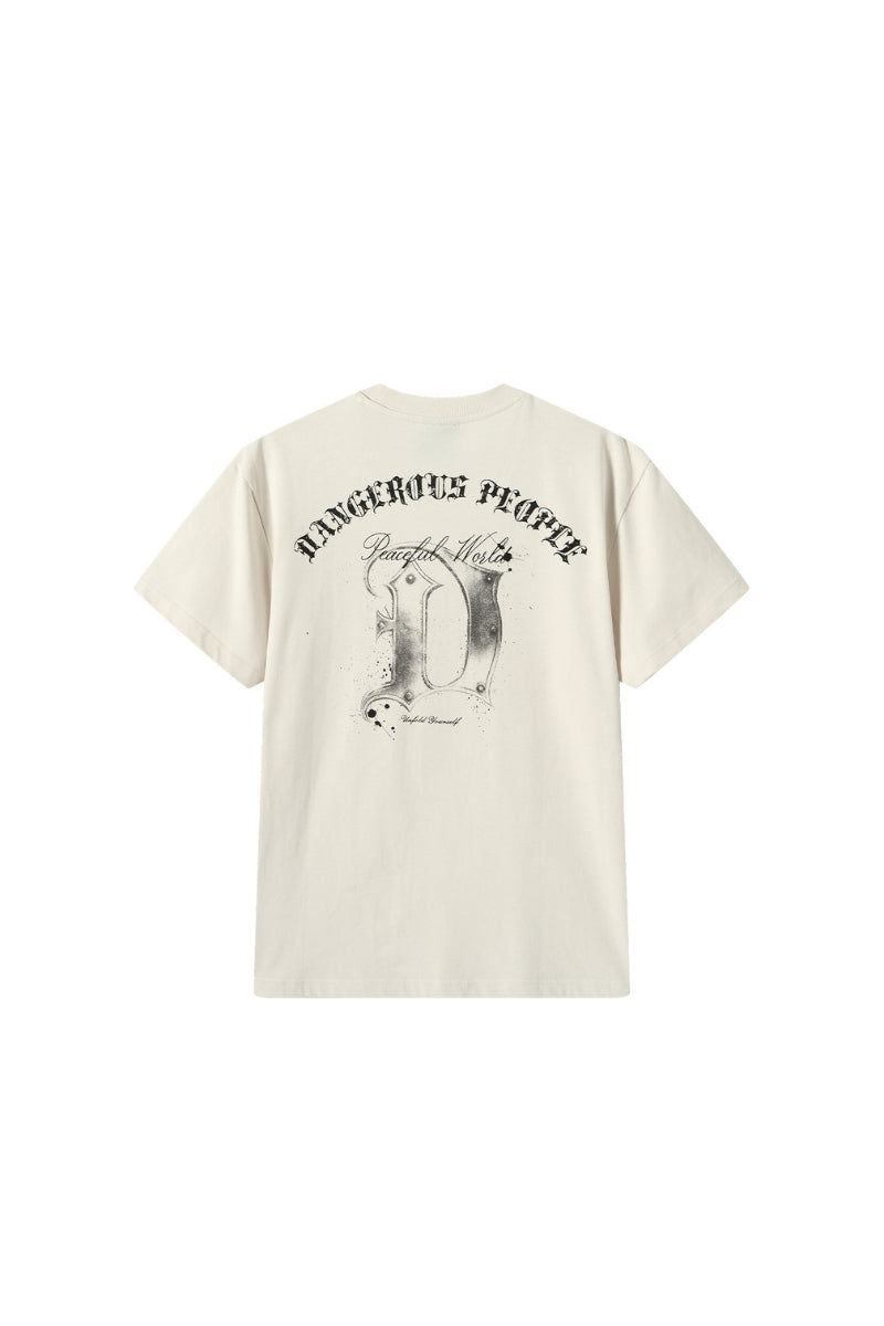 Dangerouspeople DSP Metallic D‑Letter Print T‑Shirt 100% Cotton Vintage Drop Shoulder Streetwear Tee