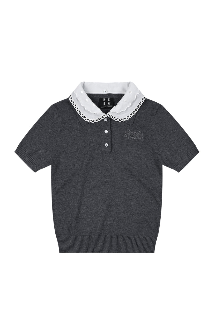 MEDM Detachable Lace Collar Knit Polo Women Summer Tee
