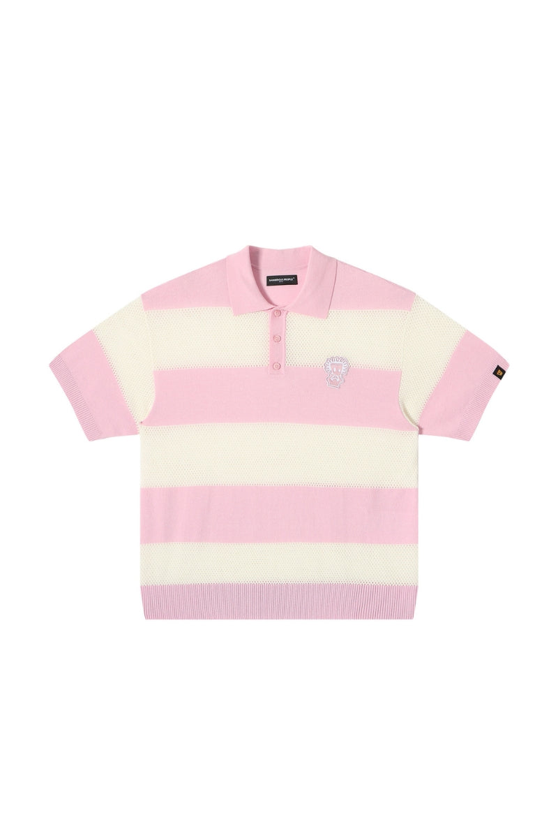 Dangerouspeople DSP Hollow‑Out Embroidery Spliced Stripe Loose Polo Tee