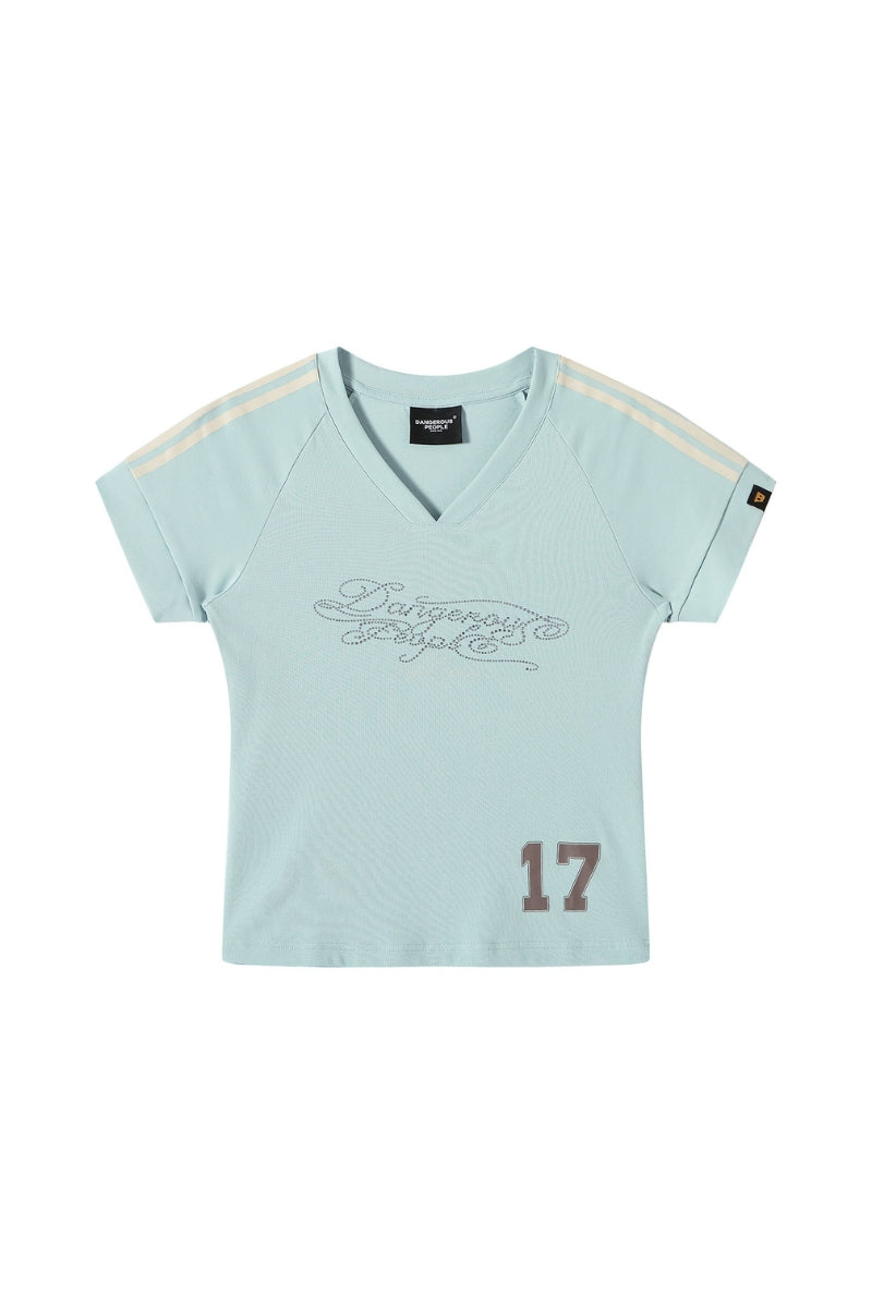 DangerousPeople｜V‑Neck Letter Print Vintage Jersey‑Style Cool‑Touch T‑Shirt