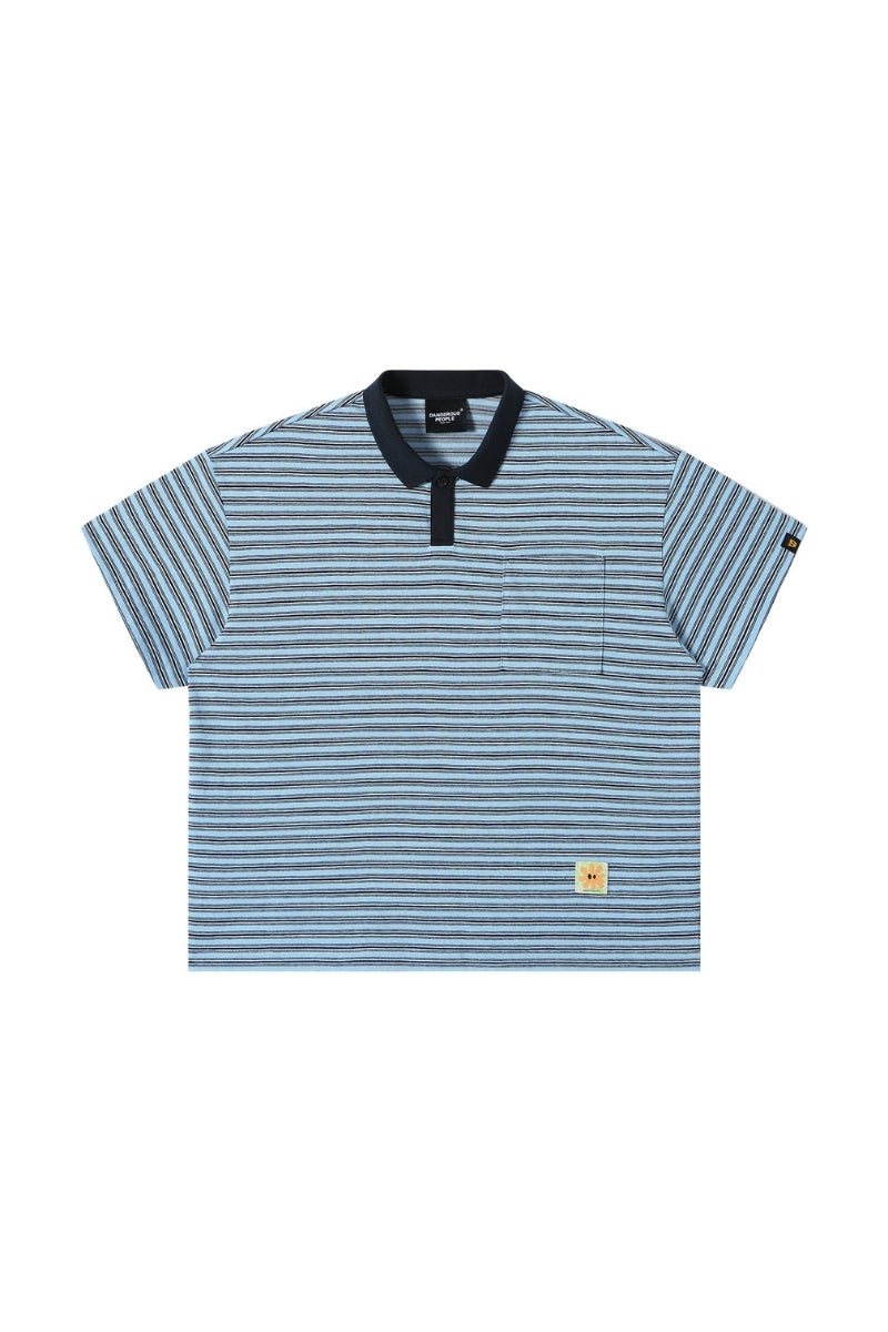 Dangerouspeople DSP Stripe Woven‑Label Loose Drop‑Shoulder Polo Shirt