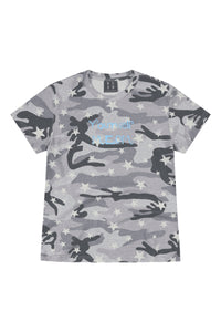 MEDM Slogan Print Camo Star All Over Print Streetwear Short Sleeve Tee