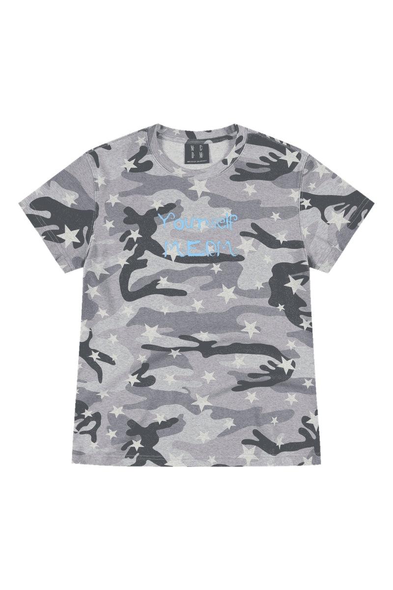 MEDM Slogan Print Camo Star All Over Print Streetwear Short Sleeve Tee