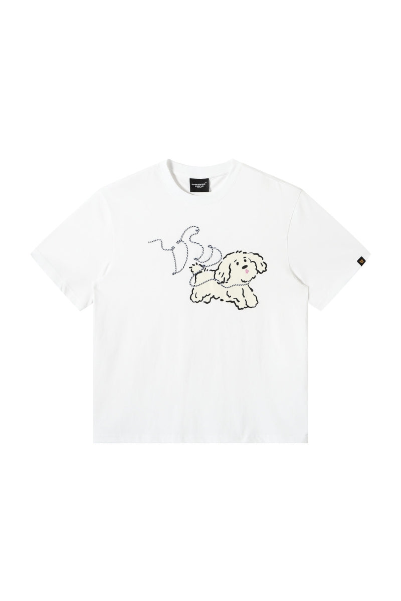 Dangerouspeople DSP Cording Embroidery Letter Puppy T‑Shirt Loose Casual Streetwear Unisex Tee